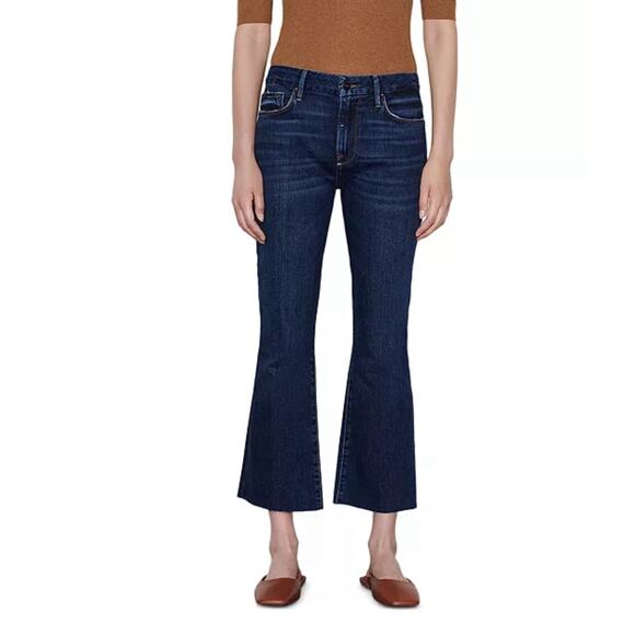 NWOT FRAME Jeans 26 Blue Dark-Wash Flare Fray/Raw-Hem”Bootcut Crop Mini Rosalie” - Picture 1 of 12